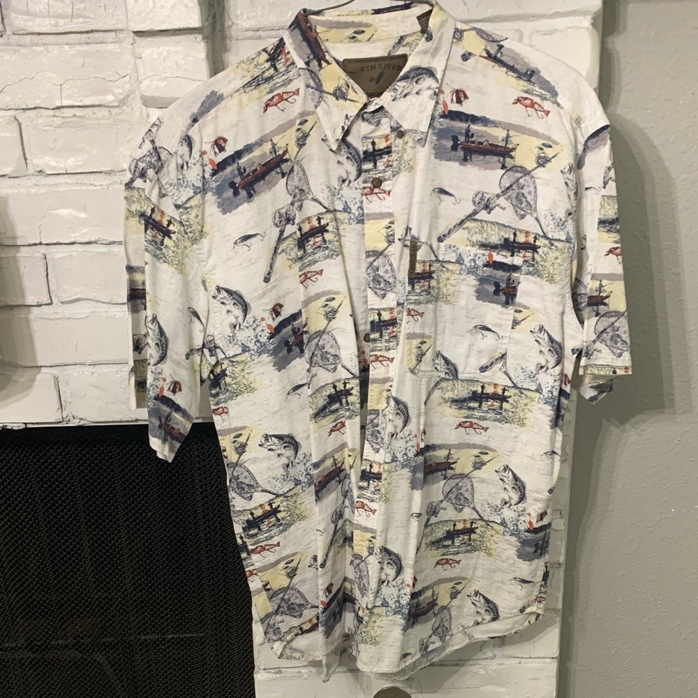 Men's Short-Sleeve Printed Button-Up Shirt - White with Multicolor Print